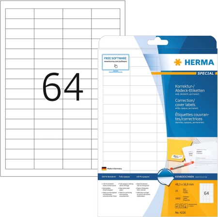 Herma 4226 - 1600 étiquettes de correction blanches Special, format 48,3 x  16,9 mm (25 feuilles A4 / cdt)