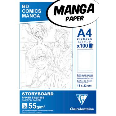Clairefontaine 94037C - Bloc de 100 feuilles de papier Manga Storyboard 55g/ m², format A4, avec grille simple