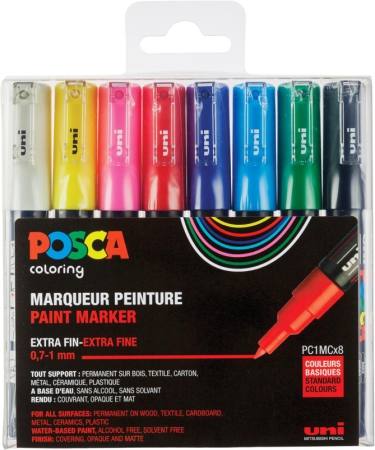 Uni-ball PC1MC/8A ASS18 - Etui de 8 marqueurs peinture Posca 1MC, pointe  conique 0,7 mm, coloris assortis