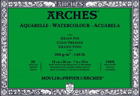 Arches A1795058 - Bloc 20 feuilles Aquarelle (collées 4 côtés) 18x26 300g/m²,  grain fin blanc naturel
