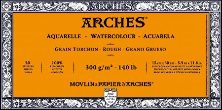 Arches A1795082 - Bloc 20 feuilles Aquarelle (collées 4 côtés) 15x30  300g/m², grain torchon blanc naturel