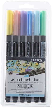 Lyra L6521061 - Blister de 6 feutres aquarellables Aqua Brush Duo, coloris  pastels assortis, pointe 2 mm / pinceau 4 mm