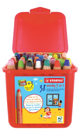 Stabilo F54456 - Schoolbox de 38 crayons de couleur aquarellables Woody  3-in-1, rond, couleurs assorties (13) + 3 taille-crayons