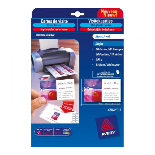 Lot De 2 Pochettes Avery 250 Cartes De Visite Imprimables – Carte Blanche Mate 185 G/m², 85x54 Mm, Laser & Jet D'Encre (C32010-25)