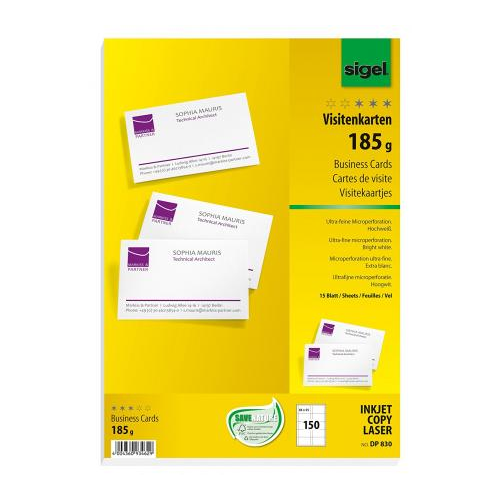 SIGEL DP050 20 Cartes de placement prédécoupées, 24 x 9 cm, 185 g/m², blanc